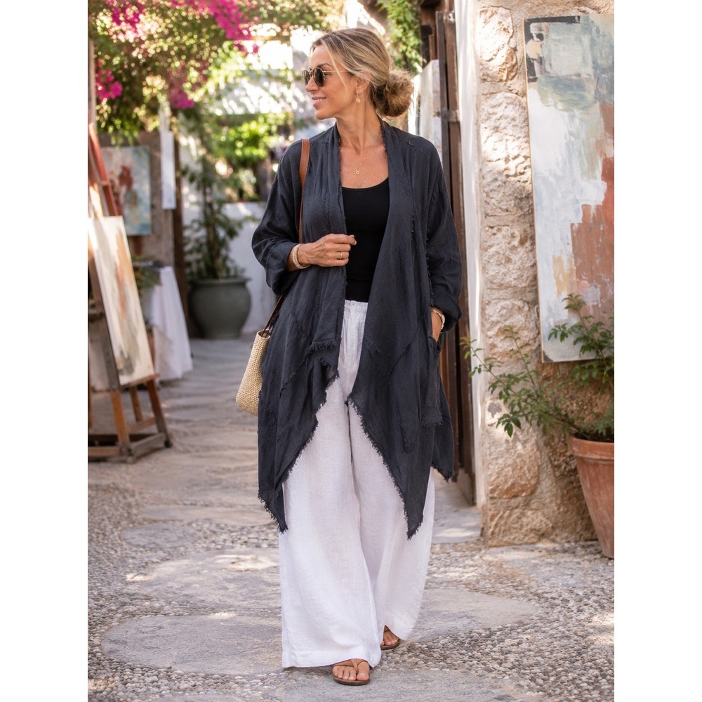 Goa Pronto Moda Black Linen Lagenlook Duster Open Jacket S/M Lightweight Artsy